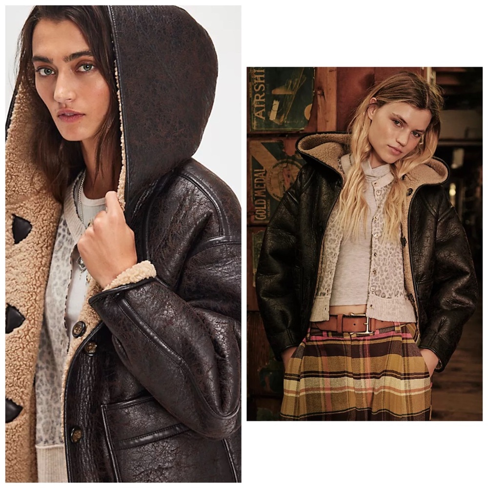 Free People Apres Cozy Reversible Faux Leather Jacket Brown Small Hooded